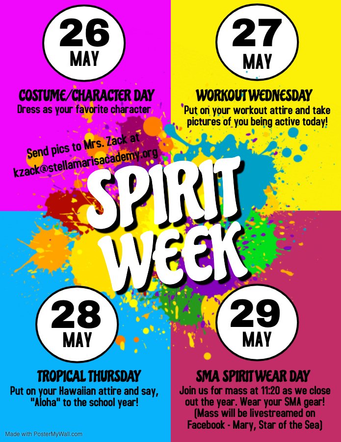StellaMarisAcad's tweet photo. Don't forget that it's Spirit Week this Week!
Today is Costume Character Day 🦸🏼‍♂️, Wednesday is Workout Wednesday 🤾🏼‍♀️! Thursday is Tropical Thursday 🏖, and Friday is SMA Spirit Wear Day! 🎉
#AnotherGreatDayAtSMA https://t.co/LZhVEHuOZH