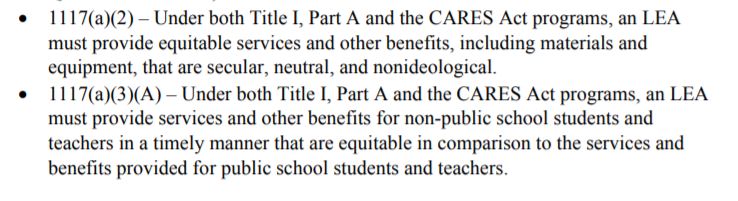 It's important for schools and others to know that in the guidance, DeVos' department highlights all the ways in which equitable services under he CARES Act *must* follow the rules laid out in Title I.It's a relatively long list.