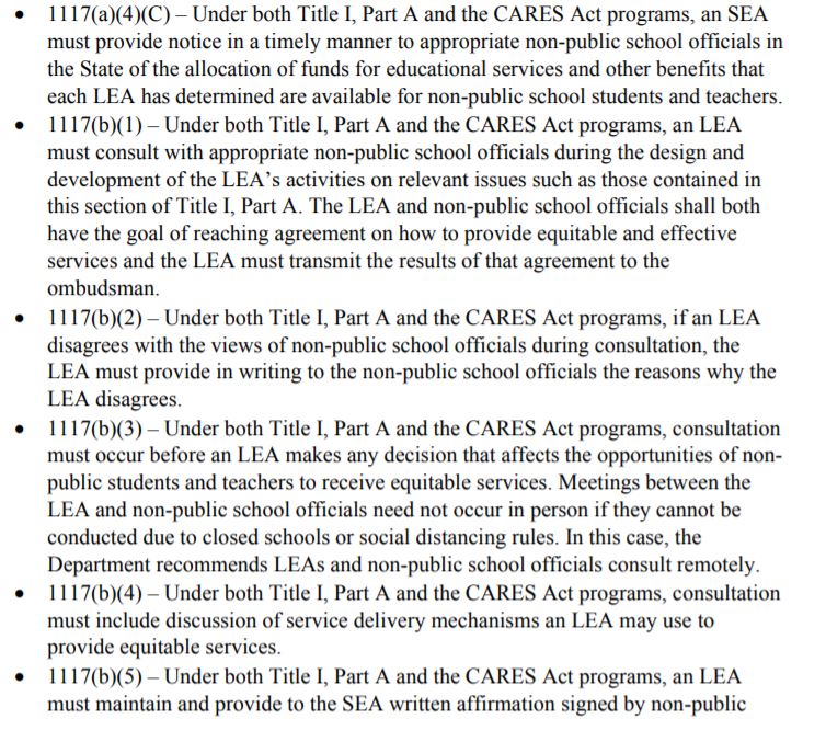 It's important for schools and others to know that in the guidance, DeVos' department highlights all the ways in which equitable services under he CARES Act *must* follow the rules laid out in Title I.It's a relatively long list.