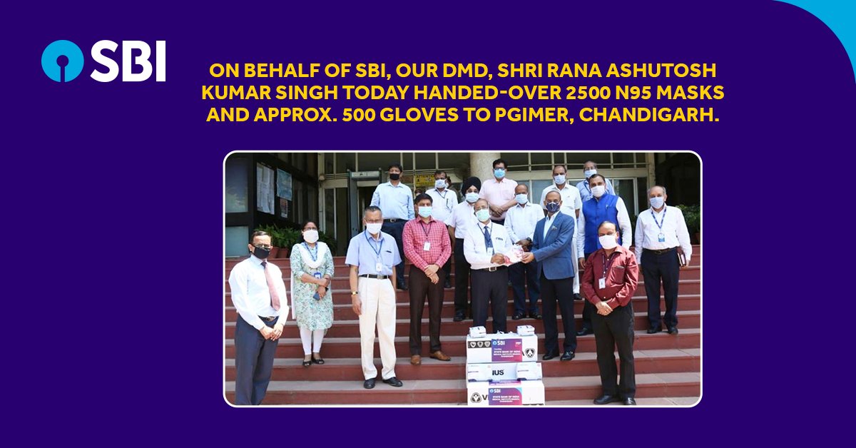 SBI extends its support to healthcare heroes.

Shri. Rana Ashutosh Kumar Singh, Deputy Managing Director, SBI, handed over masks and gloves on behalf of the bank to Padma Shri awardee Prof. Jagat Ram, Director, PGIMER, Chandigarh, for doctors at the hospital. #TeamSBI #ProudSBI