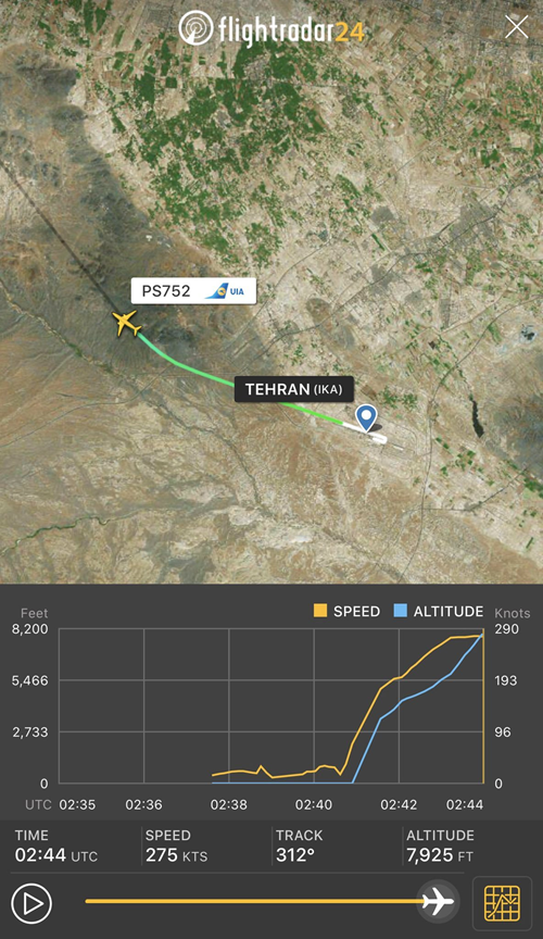 9)-Image of Ukraine Airlines Boeing 737 crash site near Tehran airport-FlightRadar24 reports the Ukrainian airliner reached a maximum altitude of 7,925 feet before tracking stopped & contact was lost (Credit:  @ELINTNews)