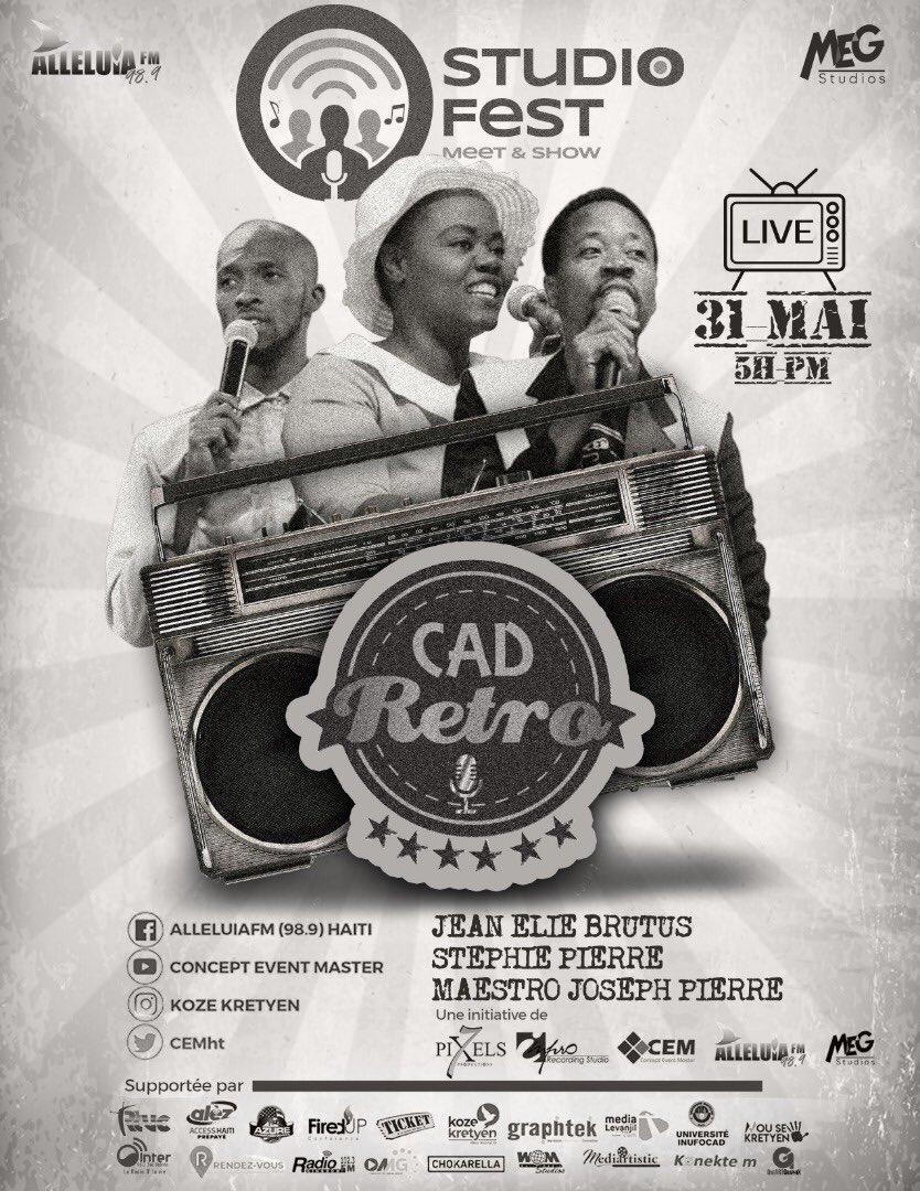 CEMht's tweet photo. Rechaje telefòn ou!
Dimanch saa nou pote pou ou CAD RETRO. Yon retou sou tout pi bèl mizik evanjelik manmi w te renmen yo. 
#studiofest #meetandshow https://t.co/M92noZYDE9