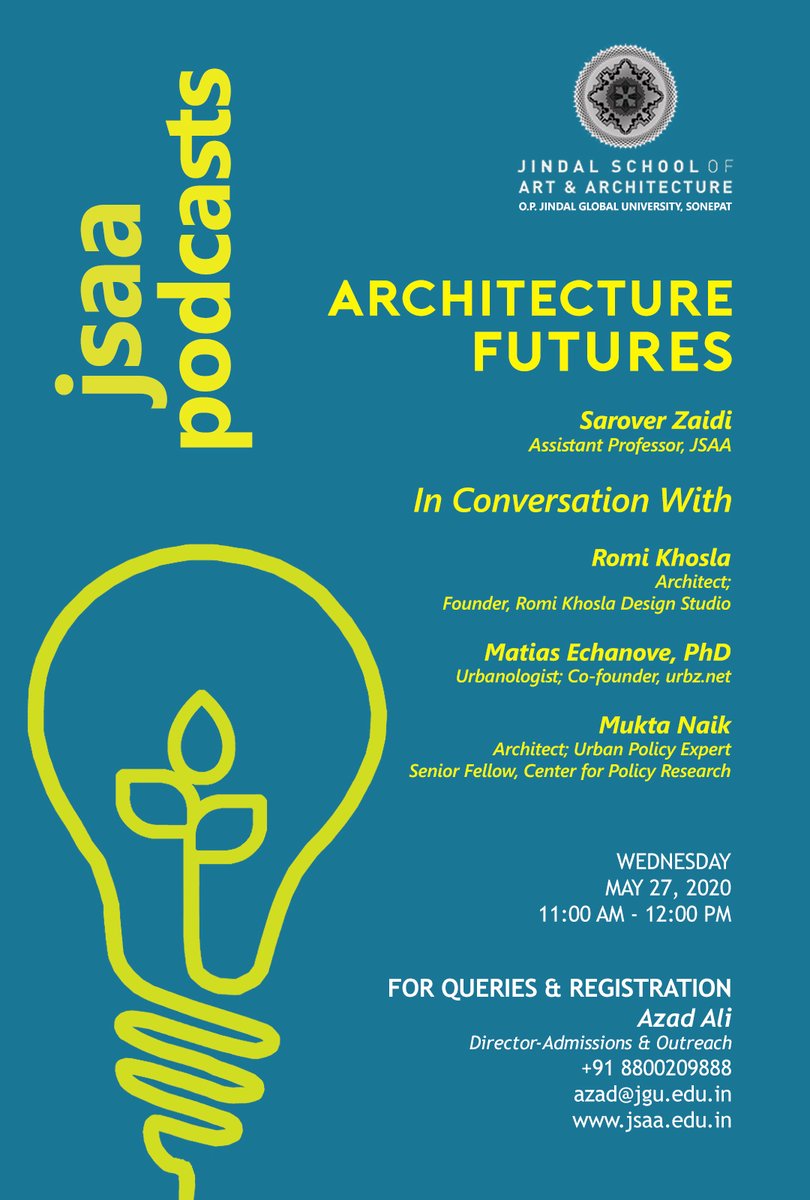 Architecture Futures with Romi Khosla, Matias Echanove, Mukta Naik. 

27 May 2020, 11 AM.

Who do we build for? What and how do we build? And who will inhabit these buildings? Is the present more important than the future? Where are we going with the future of architecture?