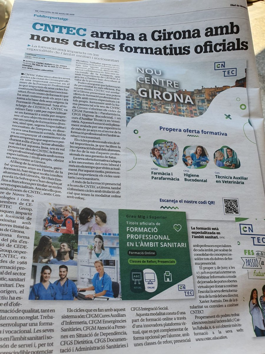 cntec_fp's tweet photo. 🗞️ Extra, extra! Avui al suplement especial "Educació i Formació" del Diari de Girona surt la noticia de "CNTEC arriba a Girona amb nous cicles formatius oficials". 👉 https://t.co/jq7RqgyGyU #curs202021 #FP #online #reforç #Girona #sanitat #fesdelatevapassioelteufutur https://t.co/9bMfG0zSFH