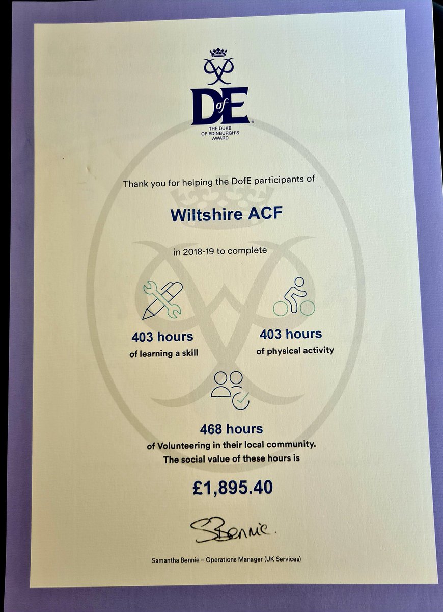 WiltsACF_DofE's tweet photo. So thrilled to receive our @ACFADofE social value certificate this morning, and the increase of volunteering hours over the last 3 years! A big well done to @WiltsACF cadets and supporting CFAV's. #inactiontogether #dofe @DepComdt_Wilts @ColCadetsSW @DofEMichelle https://t.co/d3I5Cmy1xM