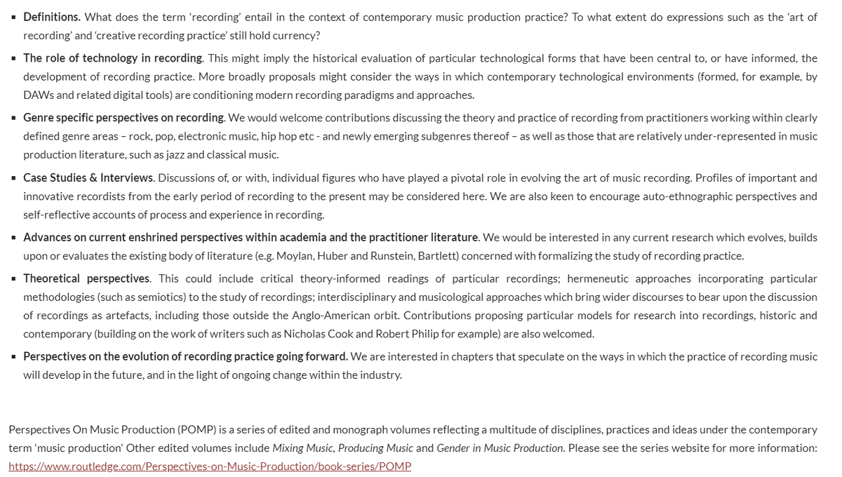 #CFP! We are seeking chapter proposals for the latest volume in the Routledge Perspectives on #MusicProduction series, #Recording Music, which follows #Mixing Music (2017) #Producing Music (2019) and, most recently, #Gender in Music Production (2020). 

research.mottosound.co.uk/calls