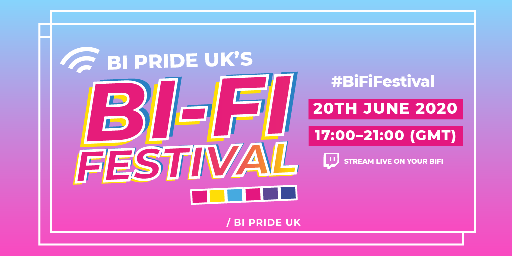 BiPrideUK's tweet photo. We are absolutely thrilled to announce that on 20th June we will be hosting a virtual bi pride event: Bi-Fi Festival! Stream from home to enjoy discussion panels and great entertainment. More info can be found here: 

https://t.co/VvQUBo7fSW

#BiFiFestival #PrideEvents #BiPrideUK https://t.co/tThtMTbRCv