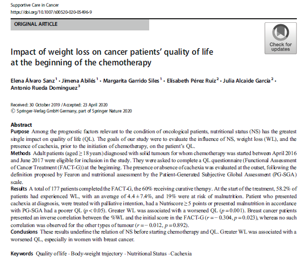 FarmaNutriHCS's tweet photo. 📢Publicado en Suportive Care in Cancer los 📈
resultados del estudio "Impact of weight loss on cancer patients’ quality of life at the beginning of the chemotherapy" realizado por los compañeros de @FarmaNutriHCS. 
Puedes consultarlo aquí 👇👇
https://t.co/H7ysoTNe7B https://t.co/iwObJmqtB5