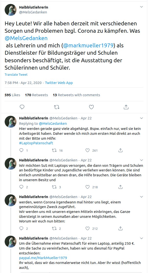 Unemployed people need support. But  @markmueller1979 should have been more clear about this. Especially because he asked for donations together with the school teacher  @MelsGedanken. This may have misled people what the money will be used for. /4