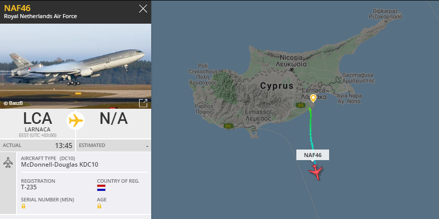 5472_nde's tweet photo. NAF46 T235 #NetherlandsAF KDC10 tanker south over Med, out of Larnaca. 1054z https://t.co/KunnmH3kis