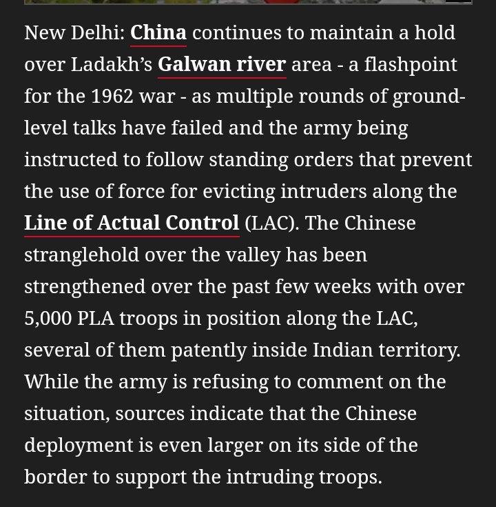 "This would mean an alteration to the Line of Actual Control (LAC) for the first time since the 1960s.""The army being instructed to follow standing orders that prevent the use of force for evicting intruders."Modi has directed army to not use force!!! https://m.economictimes.com/news/defence/talks-falter-china-keeps-pressure-on-galwan/articleshow/75989484.cms