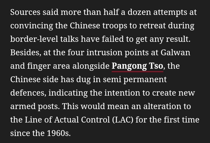 "This would mean an alteration to the Line of Actual Control (LAC) for the first time since the 1960s.""The army being instructed to follow standing orders that prevent the use of force for evicting intruders."Modi has directed army to not use force!!! https://m.economictimes.com/news/defence/talks-falter-china-keeps-pressure-on-galwan/articleshow/75989484.cms