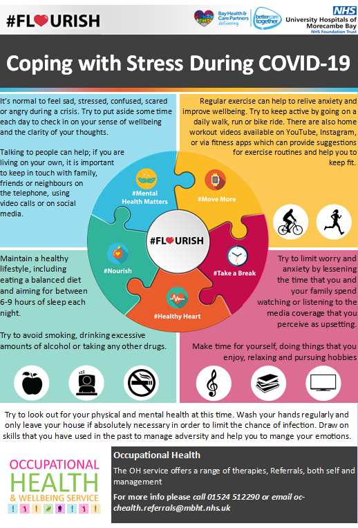 It’s normal to feel sad, stressed, confused, scared or angry during a crisis. Try to put aside some time each day to check in on your sense of wellbeing and the clarity of your thoughts. See the poster below on ways to Cope with Stress during COVID <a href="/UHMBT/">MorecambeBayNHSTrust</a> #mentalhealthmatters