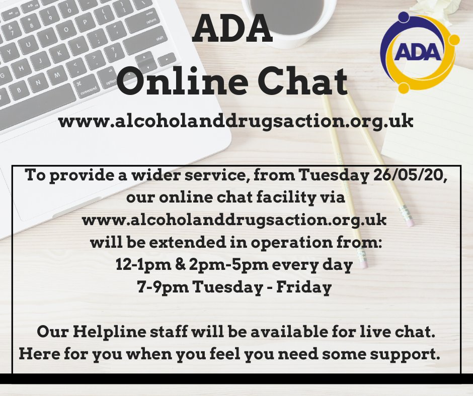 AlcDrugsAction's tweet photo. Today marks the extension of our online web-chat service. As well as the usual times, we will be available 7-9pm Tuesdays-Fridays. Here for you when you need us. #enablerecovery #reduceharm #stopcovid19 https://t.co/5pjA74Pxqk