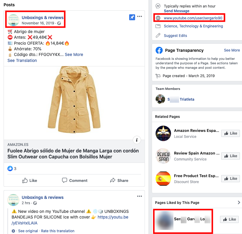 11) We found links between these accounts and the Facebook page Unboxing and reviews (e.g. the promotion of Amazon URLs).