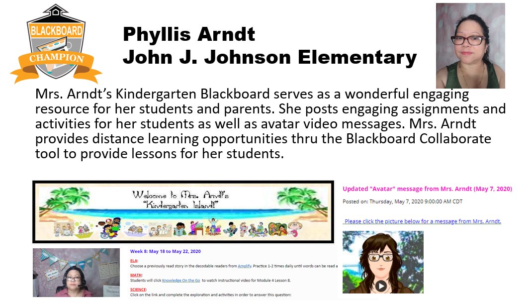 CPSB_TTC's tweet photo. CPSB teachers are doing a great job delivering instruction online via Blackboard. We are showcasing some of these outstanding individuals as Blackboard Champions. Our next champion is Phyllis Arndt from Johnson Elementary School. Check out her site at https://t.co/F5UZmPHCYX https://t.co/6dk2fJTqzB