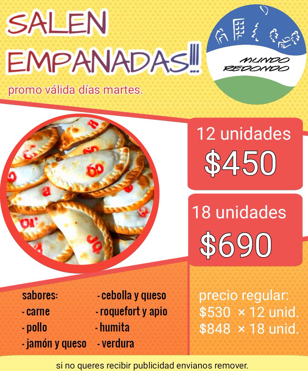 MundoRedondoNEW's tweet image. Promo IMPERDIBLE días MARTES 
Todas las variedades de nuestras Empanadas, Soufle, al horno, o variadas por sólo  $450 la docena y $690 por una docena y media:

Pedidos por whatsapp al 📞1166187584
O al ☎️4671-7720.