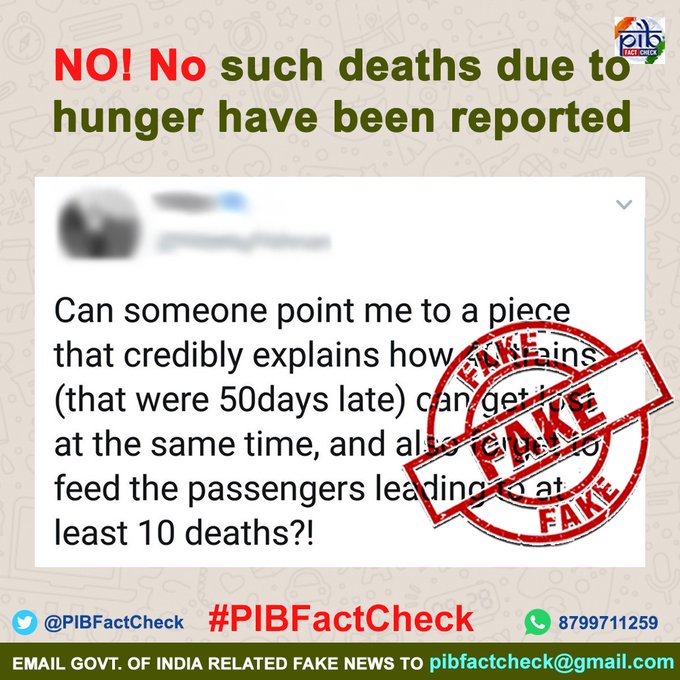 A stamp with the word FAKE on a snip of a tweet which claims that 10 people have lost their lives in trains due to hunger