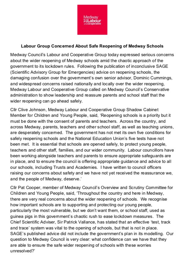 MedwayLabour's tweet photo. Medway Labour &amp; Co-operative Group concerned about safe reopening of Medway schools https://t.co/GnTDrVB47t