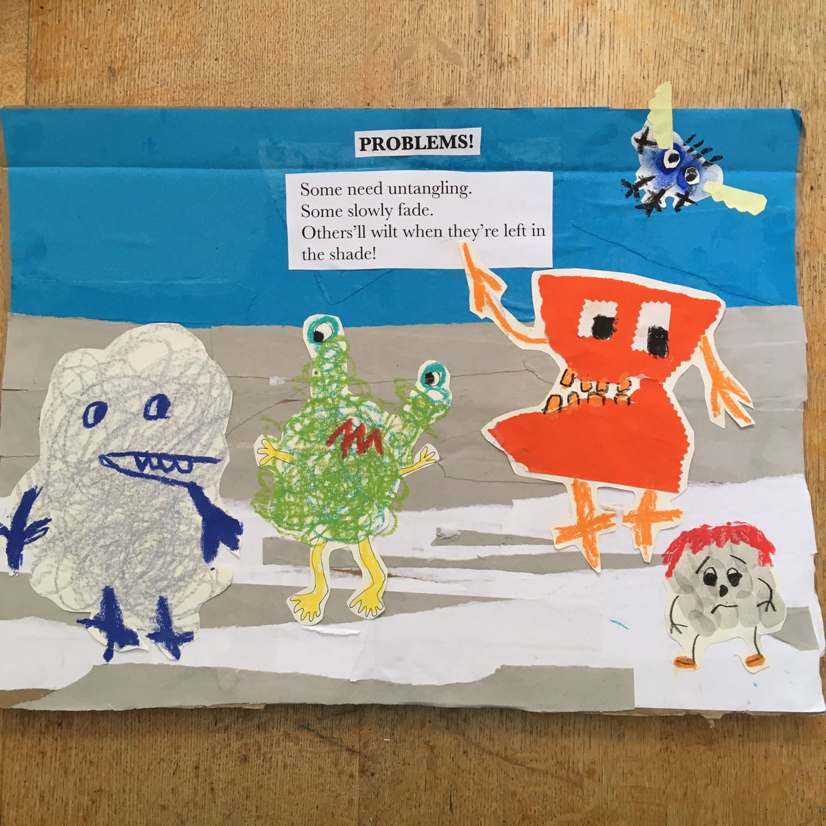 lucybrettstudio's tweet image. @zehrahicks @RooneyRachel #TheProblemWithProblems My son Raphael loved creating problems this morning ;-) ...

... giving them shape and form with collage, coloured pencils, stamp pads, fingerprints and pen. It’s such a brilliant book!