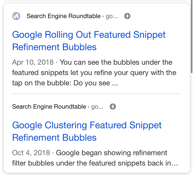 rustybrick's tweet photo. Google is testing a larger font size for title in the first of the grouped snippets. https://t.co/0M6YiiHRoi  via @type_SEO and @brodieseo https://t.co/dOEAYmWzjT