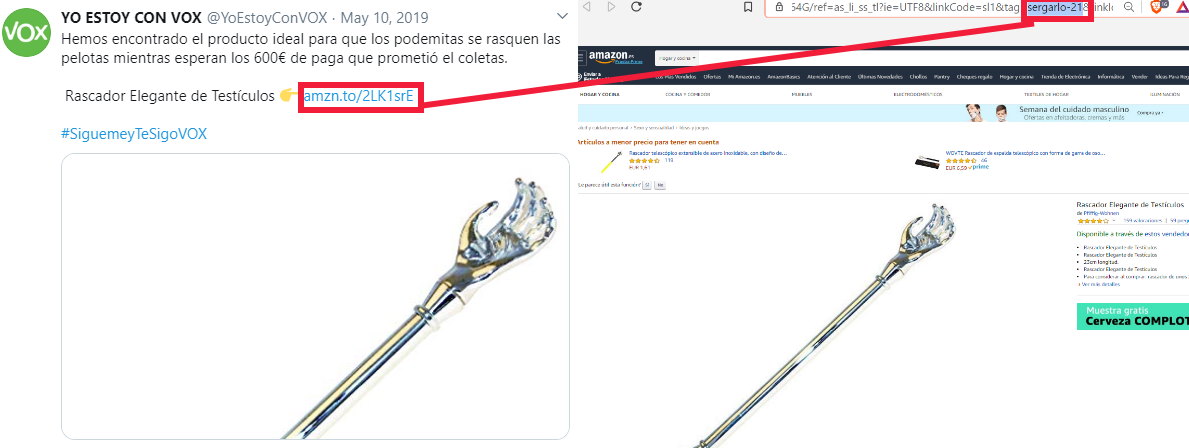 18) Here, for instance, if someone buys this “ball scratcher” through the URL promoted by “YoEstoyConVox”, the owner of the Amazon account called “Sergarlo,” who’s a member of the Amazon associates program, will receive a percentage of the sale.