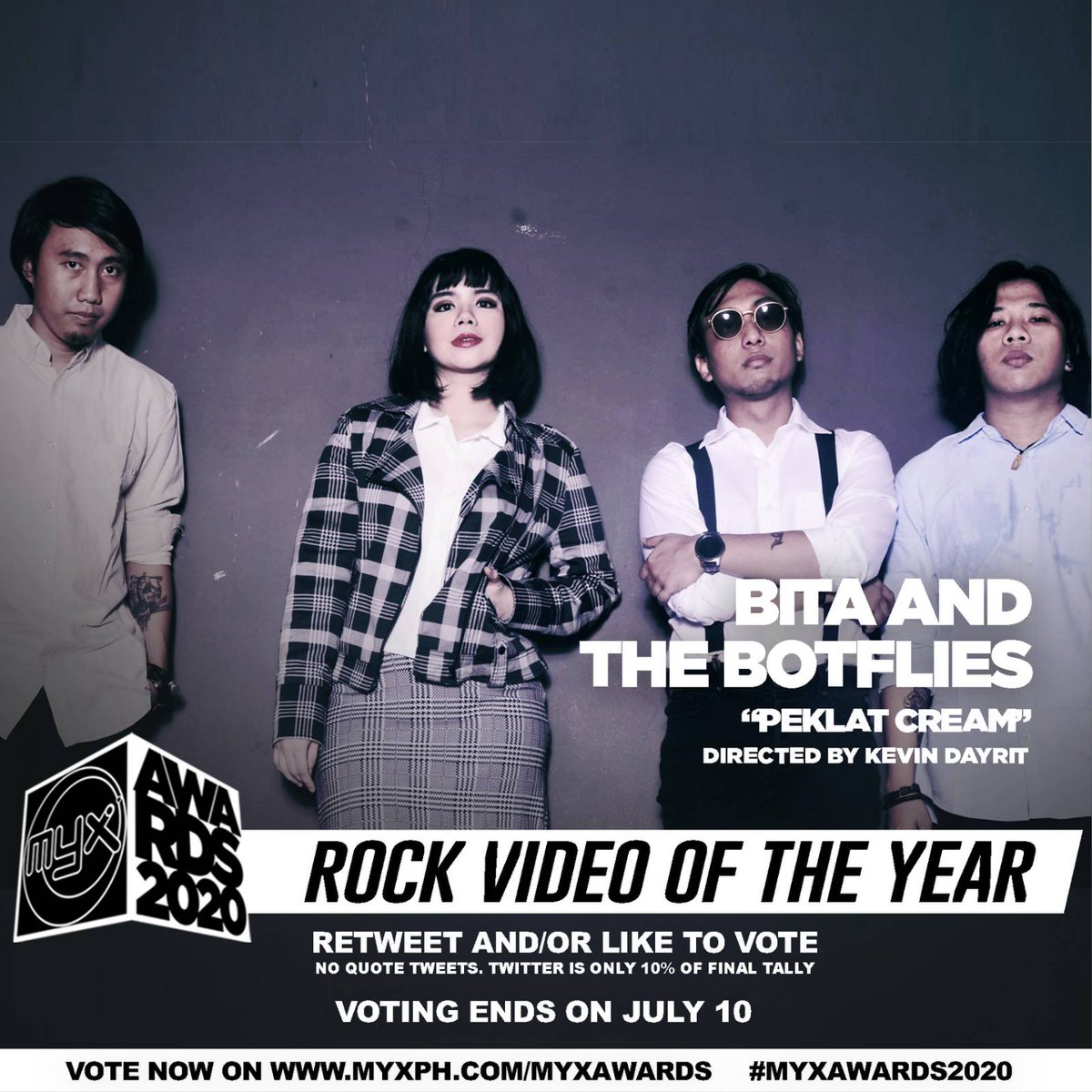 myxglobal's tweet image. ❗️RETWEET AND/OR LIKE TO VOTE❗️
“Peklat Cream” - @TheBotflies
Rock Video of the Year
#MYXAwards2020
📌 Quote Tweets DO NOT count
📌 Voting ends on July 10
📌 Twitter is only 10% of final tally
myxph.com/myxawards