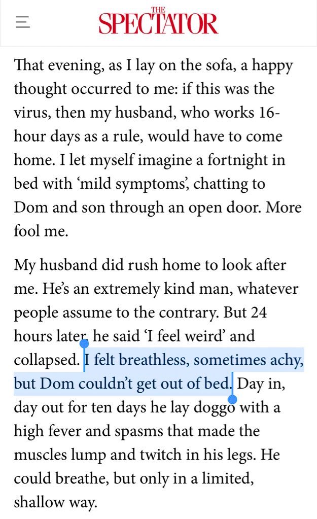 11/23 Slotting in your wife’s  @spectator piece on 25April your story not add up? Mary says you never got out of bed for 10 days taking it to 6 April, you lay in bed with ‘high fever, spasms & limited breathing’ but you drove to pick up your wife from hospital 2nd April- how?