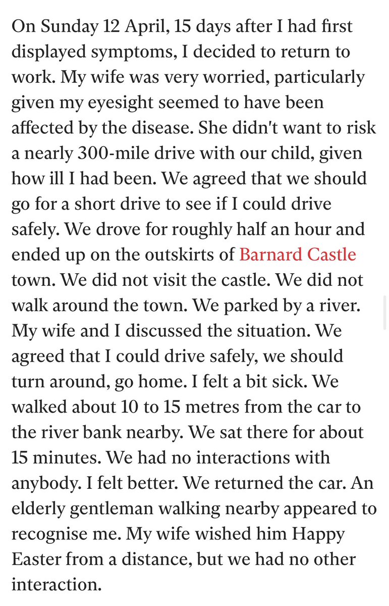 16/23 Why would you drive to  #BarnardCastle to test your eyesight? The average journey time is 42 mins & over 26 miles through various A & B roads, why risk the public, your family?- why could your wife not drive, she confirmed she could in a previous article in  @spectator ?