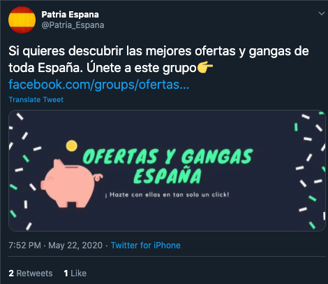 22) To confirm this, on 22 May 2020 we found out that all of the network accounts simultaneously pushed a link towards a Facebook group proposing Amazon discounts. This group was created by Sergarlo on the same day.