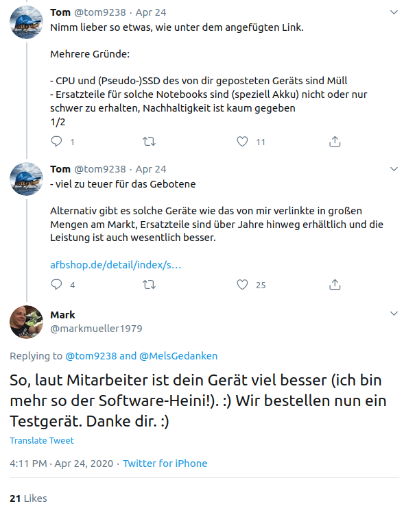 I recommended to  @markmueller1979 to reduce his own liability.When someone replied to him to buy different, much better devices, he admitted to not know much about hardware. But in the end still bought the worse product. /11