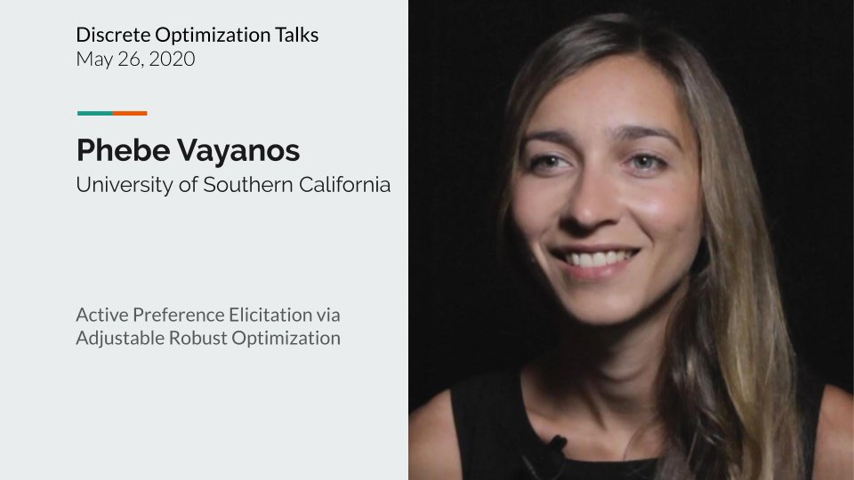 lyeskhalil's tweet image. #DiscreteOptTalks returns today with talks by @HadiCharkhgard and @phebe_vayanos on breaking results in multi-objective optimization and robust optimization. Join us at 2 PM Eastern; sign up to the mailing list at talks.discreteopt.com for more info.