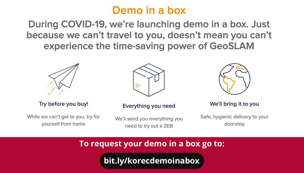 Receive the full @GeoSLAMLtd experience straight out of a box. 

Try before you buy in the comfort of your home or office, with no worries about social distancing. 

To request your demo in a box go to bit.ly/korecdemoinabox