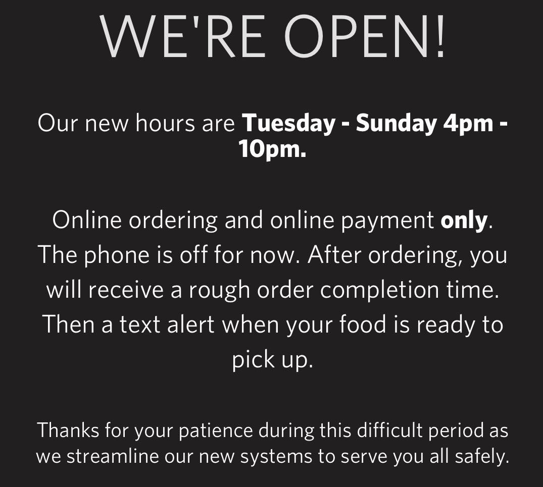 SpakBrothers's tweet photo. New hours: Tuesday-Sunday 4pm-10pm. Online ordering and payment only. https://t.co/EYrWtkM3Rn
