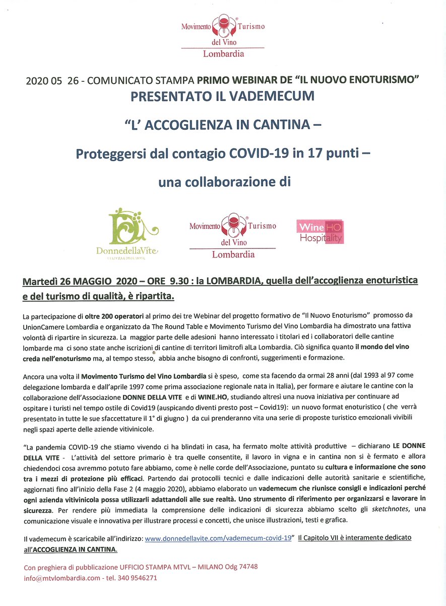 150 PARTECIPANTI AI WEBINAR organizzati con 'Il Nuovo Enoturismo' partiti alle 9.30 di questa mattina, promossi da #UnionCamereLombardia.
PRESENTATO IL VADEMECUM 'Proteggersi dal contagio COVID-19 in 17 punti' - Cap. VII L'Accoglienza in Cantina.
@donnedellavite @ckaiserin