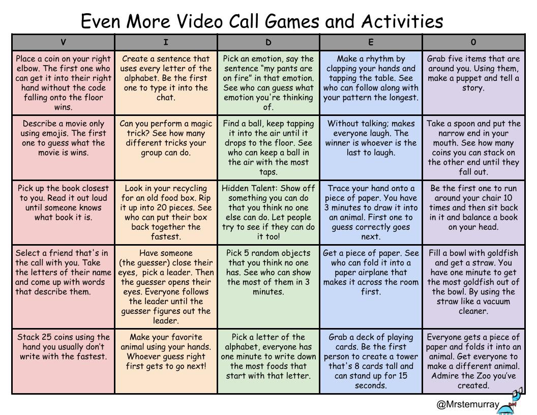 MrSTEmurray's tweet photo. As the school year start to wind down. Its important to remember to have fun! Even though nothing can replace being in the same room as your students. Here's 25 more games and activities for video calls. #distancelearning #quaranteaching https://t.co/oxE1afjihz
