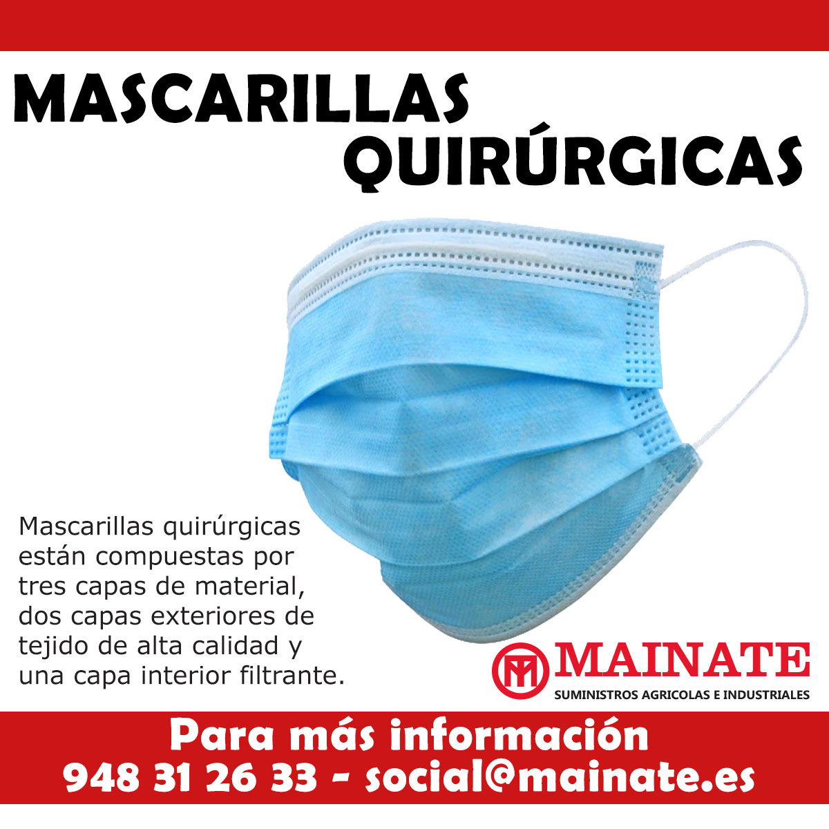 Mascarilla quirúrgica
Prevención frene a partículas del aire y salpicaduras de sangre y/o saliva. Alta filtración a las bacterias, con clip nasal adaptable. Altamente adaptables y ajustables a la fisonomía de la cara.
#FrenaLaCurva #mascarillasobligatorias #mascarillas