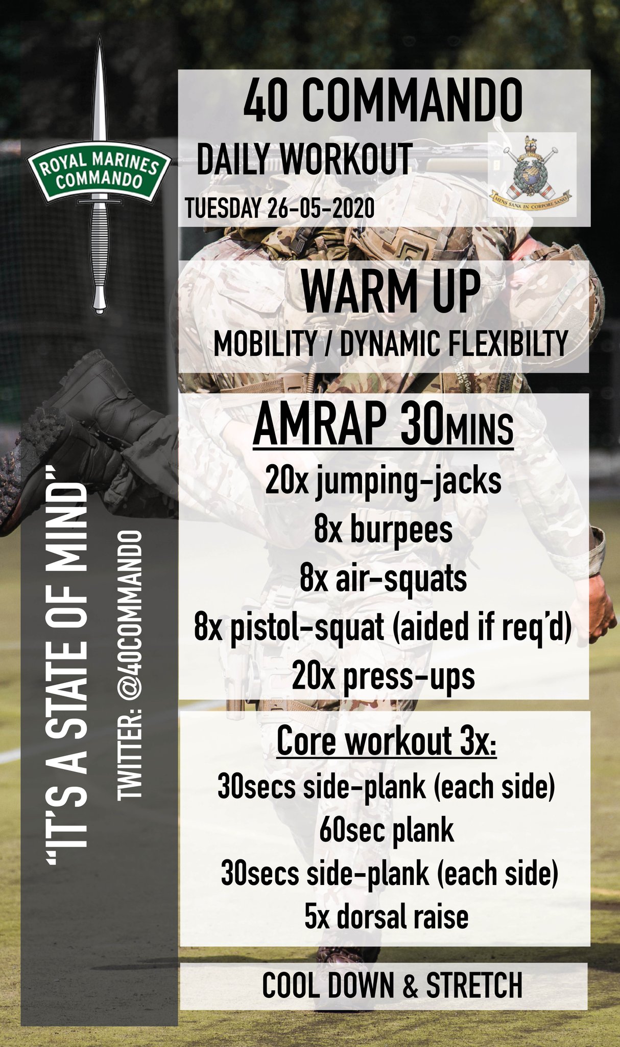 40 Commando Royal Marines on X Tuesday s workout 30min AMRAP core. Can be easily completed in your lounge nearest park or garden Enjoy https t 65sxOGwX08 X