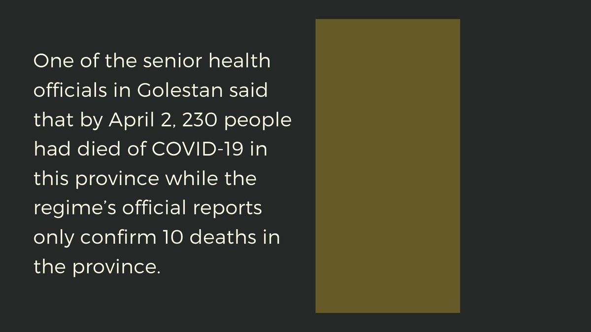 One of the senior health officials in Golestan said that by April 2, 230 people had died of  #COVID__19 in this province while the regime’s official reports only confirm 10 deaths in the province. #Coronavirus  #COVID19  @WHO  #IransAngels @usadarfarsi  @StateDept  @statedeptspox