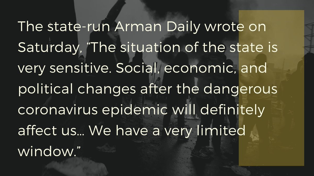 The state-run Arman Daily wrote on Saturday, “The situation of the state is very sensitive. Social, economic, and political changes after the dangerous  #coronavirus epidemic will definitely affect us… We have a very limited window.” #coronavirus  @WHO  @usadarfarsi  @StateDept