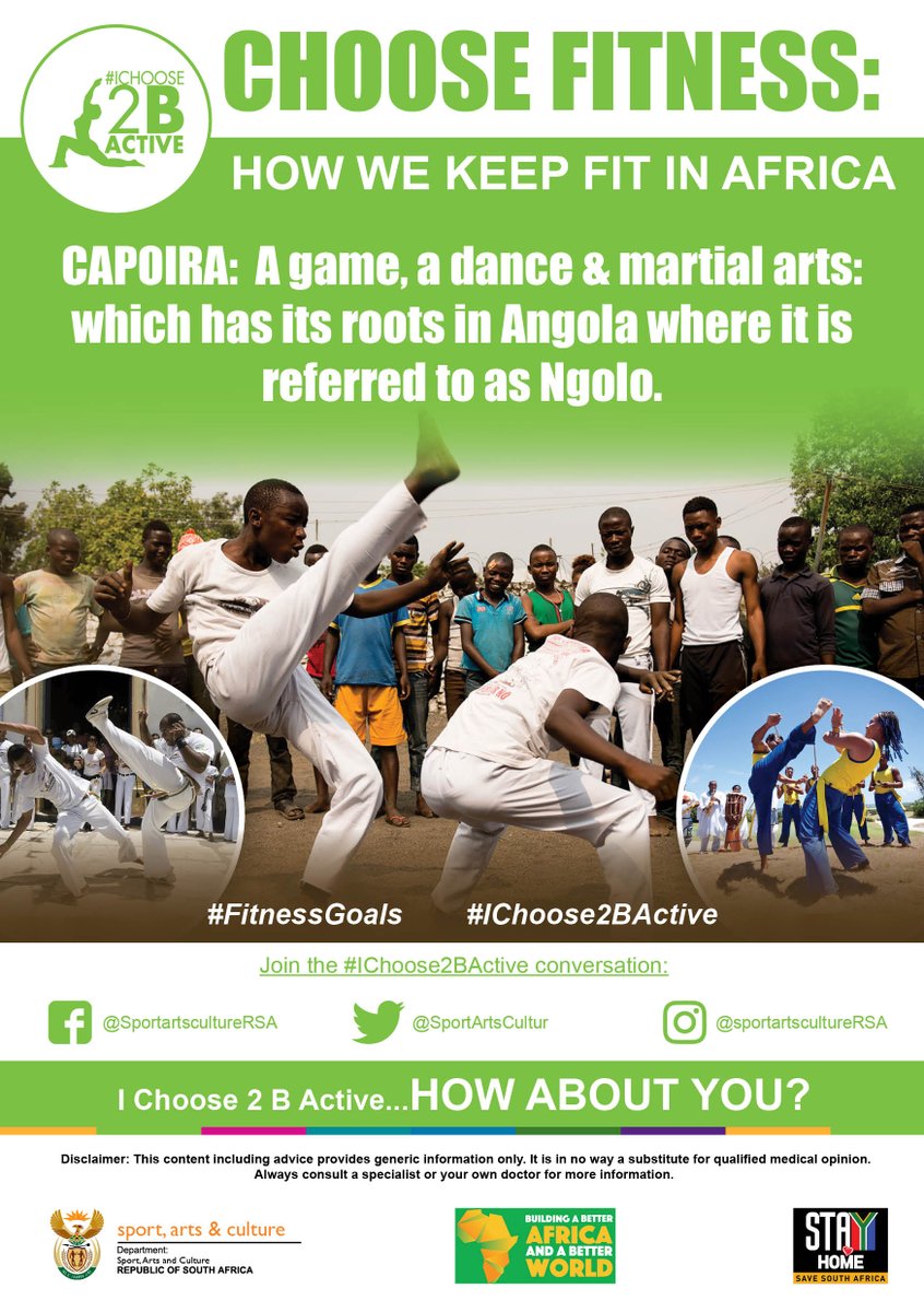 KEEPING FIT IN AFRICA

CAPOIRA: A game, a dance &amp; martial arts: 
The Capoira originated in Brazil &amp; has its roots in Angola where it is referred to as Ngolo. 
Doing Capoira burns 500-700 calories per hour!

I Choose 2 B Active…HOW ABOUT YOU? 
#FitnessGoals 
#IChoose2BActive