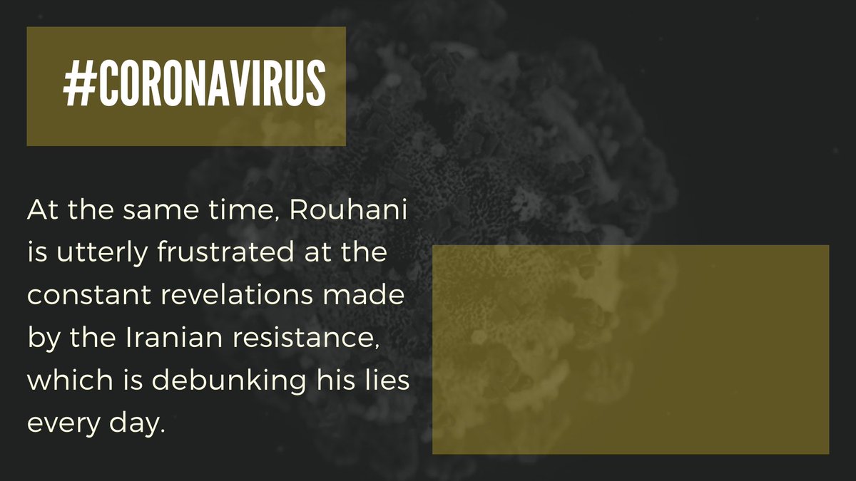 At the same time, Rouhani is utterly frustrated at the constant revelations made by the  #Iranian resistance, which is debunking his lies every day.  #Coronavirus  #COVID19  @WHO  #IransAngels  @usadarfarsi  @StateDept  @statedeptspox  @SecPompeo  @realDonaldTrump  @USUN  @USAmbGVA