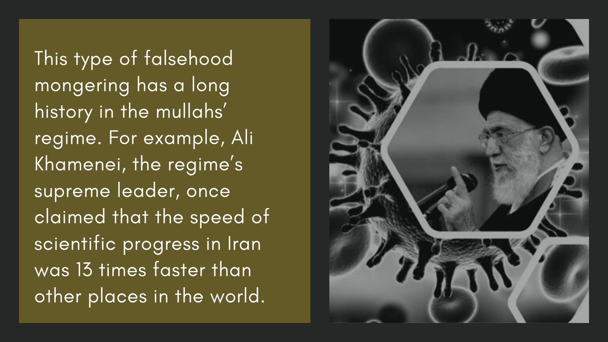 This type of falsehood mongering has a long history in the mullahs’ regime. For example, Ali  #Khamenei, the regime’s supreme leader, once claimed that the speed of scientific progress in Iran was 13 times faster than other places in the world. #Coronavirus  @WHO  @usadarfarsi