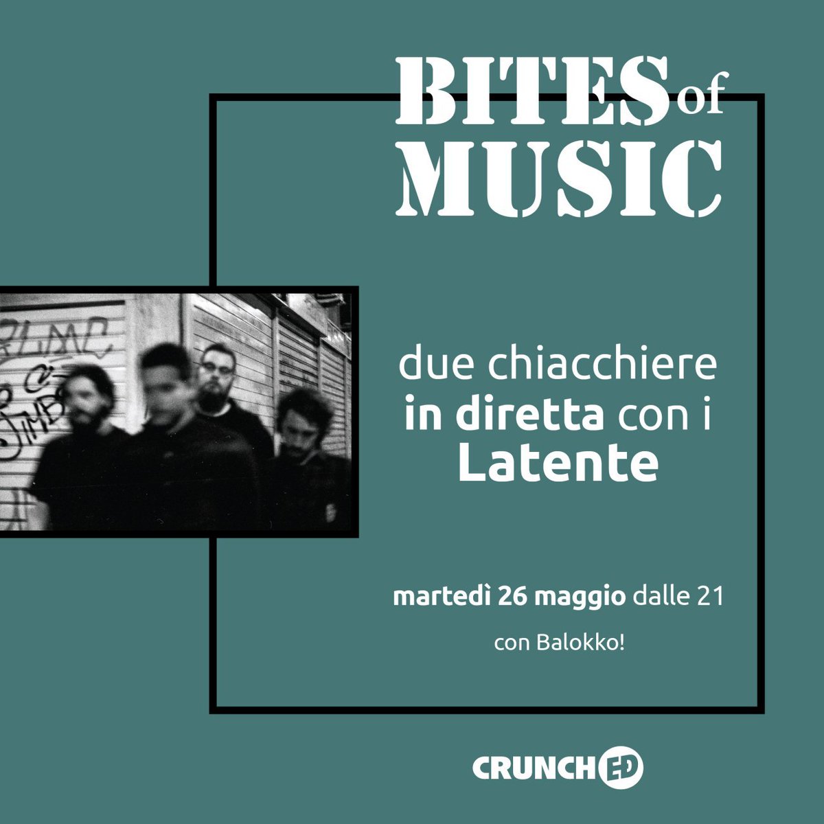 Balokko's tweet photo. Nuovo orario, stesso format. Ci vediamo stasera, alle 21, con i #latente
sull' Instagram.
#bitesofmusic #becrunched #eatmoreart @NoiDiCrunchEd
https://t.co/hRjS7msfom https://t.co/px1J30srpj