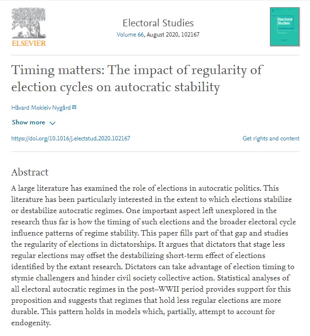 ElectoralStdies's tweet photo. 'Timing matters: The impact of regularity of #election cycles on autocratic stability' by @havardmn is now available #NELDA #autocracy #dictators #authoritarian https://t.co/kW7VsfsFy4 https://t.co/QDS9mL2qOG