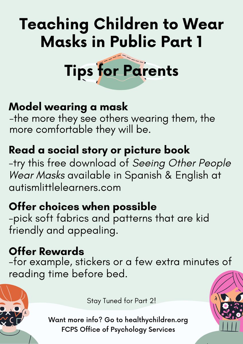 FCPSPsychs's tweet photo. #tipfortoday Wearing a mask for a child can be confusing/scary. Caregivers modeling wearing them can help ease their anxiety. And make it fun for them (i.e reward, fun fabric, etc). The @CDCgov doesn’t  recommend kids under 2 to wear a mask. #safe #positivereinforcement @fcpsnews https://t.co/N2vgb7hFHj
