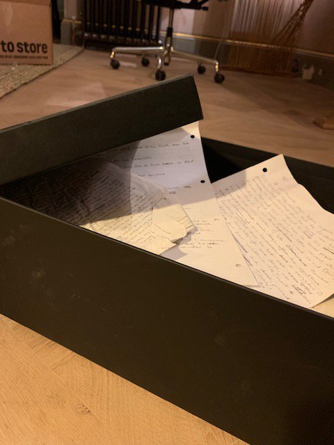 Over time I came to think of The Ickabog as just for my family. The manuscript went up into the attic, where it remained until a few weeks ago. This is the very dusty box I got down from the attic. (It's a Net-A-Porter box and might well have held a premiere dress.)4/13