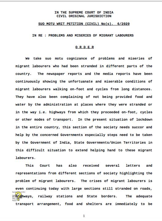 Breaking: Finally Supreme Court takes suo motu cognizance of the problems and miseries of migrant labourers who are stranded in different parts of the country