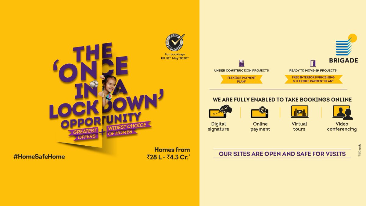 Don't miss, once in a lockdown opportunity! 
Avail great offers from a wide range of homes. You are only a few steps away from purchasing your dream home! 
#BrigadeGroup #Property #RealEstate #LockDown