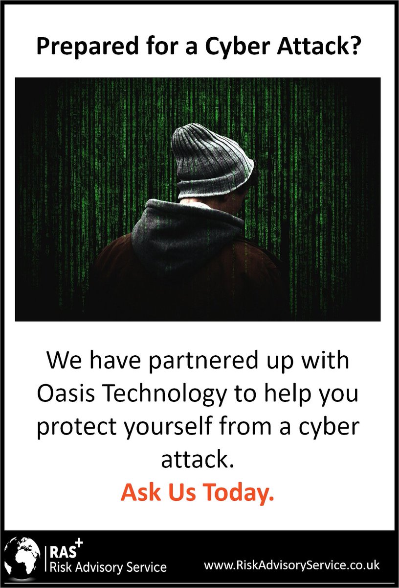 R_A_S_UK's tweet photo. If there was a #cyber attack in the near future could your business cope? @oasistechnology can help you with a range of packages. Check your IT #security today. 
#CWChamber #BNIHinckley #COVID19UK #UK #risk #globalevents #HR #RAShq #businessmanagement #computersecurity #ITdept https://t.co/LkMwcNrhXn